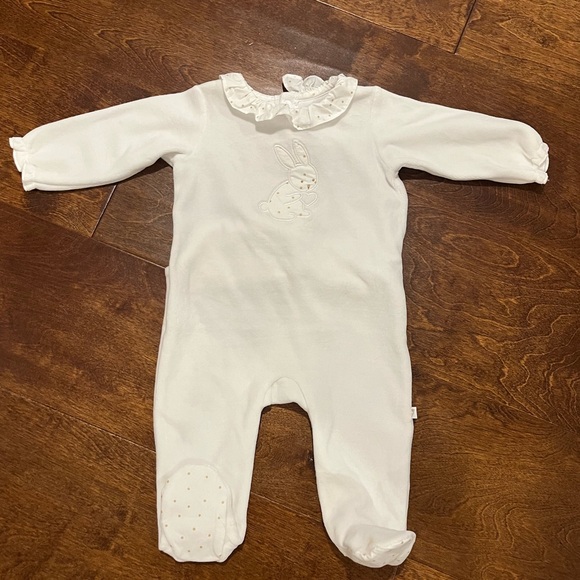 White velvet footie with bunny and gold detail